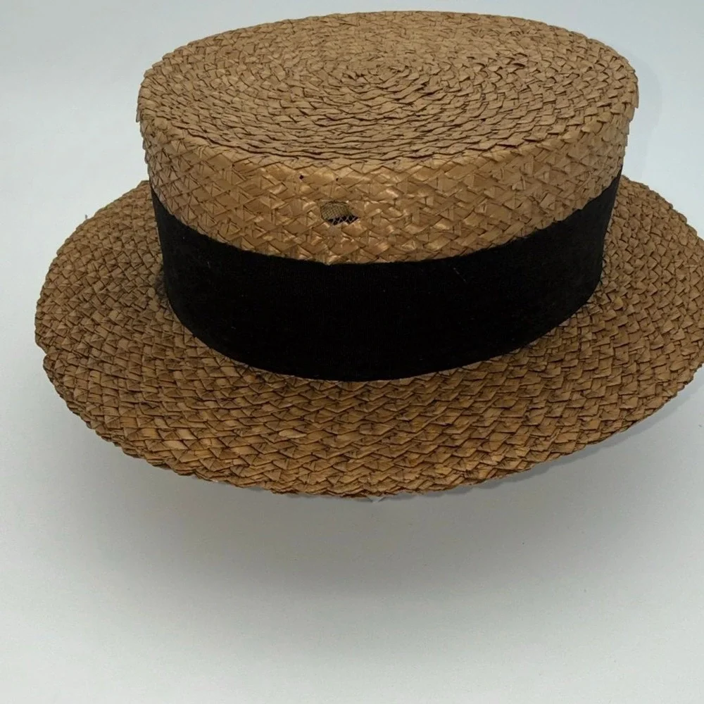 Vintage Boulevard New York Straw Boater‎ Hat Men Brown Black Ribbon Skimmer Hat